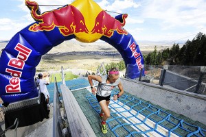Liz Stephen takes a big lead into the final 100 meters of Red Bull 400 hill climb at the Utah Olympic Park ski jumps. (Tom Kelly/USSA)