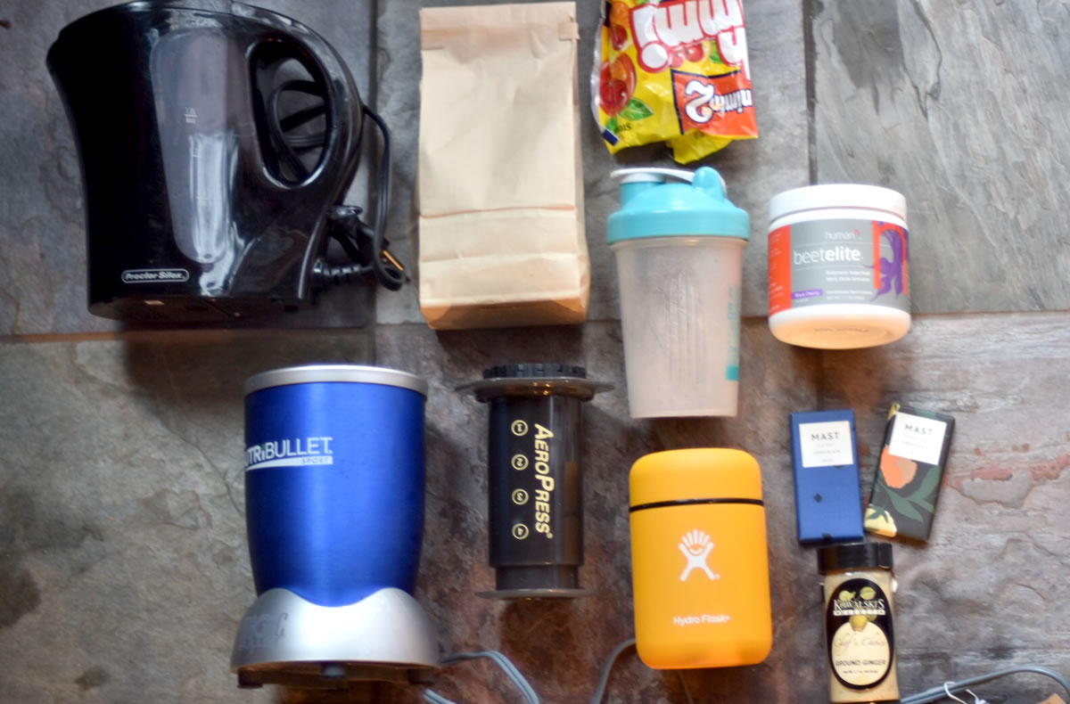 Nutribullet, coffee, AeroPress, chocolate, gummies, electric tea kettle, beer powder, protein mixer bottle, and ginger. [Photo] Erika Flowers